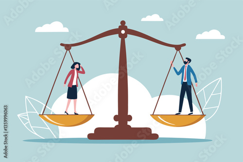 Gender equality, workplace fairness, justice or law, diversity corporate employee, comparison or balance scales, equilibrium concept, businessman and businesswoman colleagues on balance equal scales.