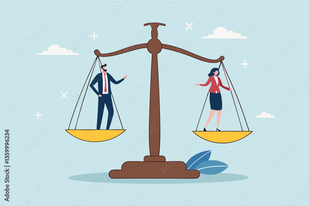 Gender equality, workplace fairness, justice or law, diversity corporate employee, comparison or balance scales, equilibrium concept, businessman and businesswoman colleagues on balance equal scales. Gender equality, workplace fairness, justice or law, diversity corporate employee, comparison or balance scales, equilibrium concept, businessman and businesswoman colleagues on balance equal scales.