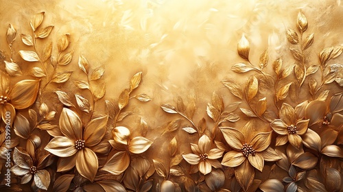 Fototapeta Naklejka Na Ścianę i Meble -  Elegant Golden Flowers and Leaves Against Shimmering Backdrop Art Illustration
