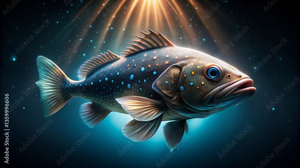 A Majestic Deep-Sea Fish Illuminated by an Underwater Light Beam, Showing Intricate Details of its Scales and Fins A Majestic Deep-Sea Fish Illuminated by an Underwater Light Beam, Showing Intricate Details of its Scales and Fins