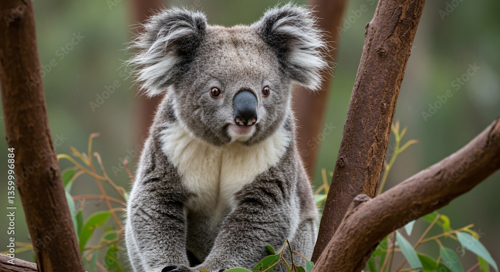 Fototapeta premium A Cute Koala Is Perched In The Branches Of A Tree