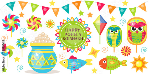 A traditional Pohela Boishakh vector set with cultural symbols, colorful decorations, and festive elements. Great for Bengali New Year posters and designs