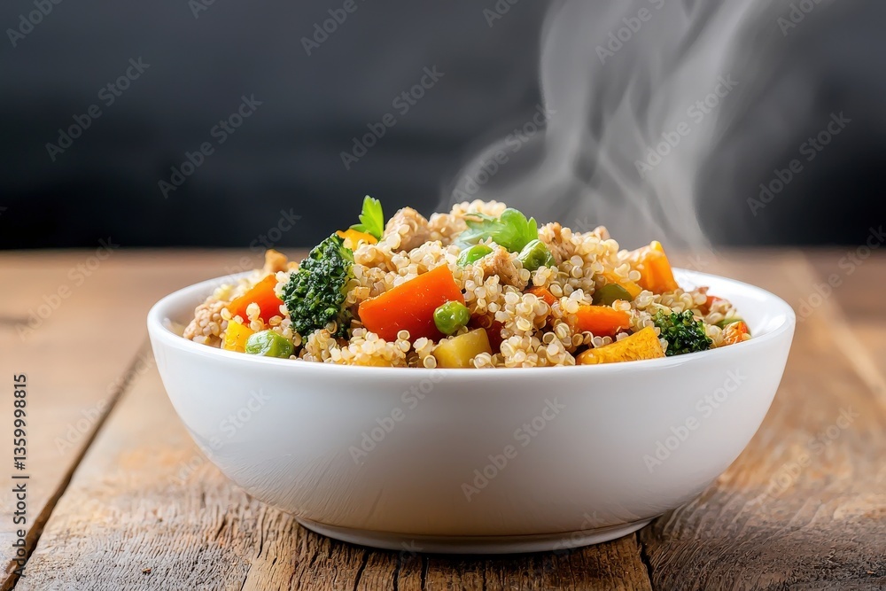 A steaming bowl of quinoa mixed with colorful vegetables, showcasing a healthy and appetizing meal, served on a wooden surface. A steaming bowl of quinoa mixed with colorful vegetables, showcasing a healthy and appetizing meal, served on a wooden surface.