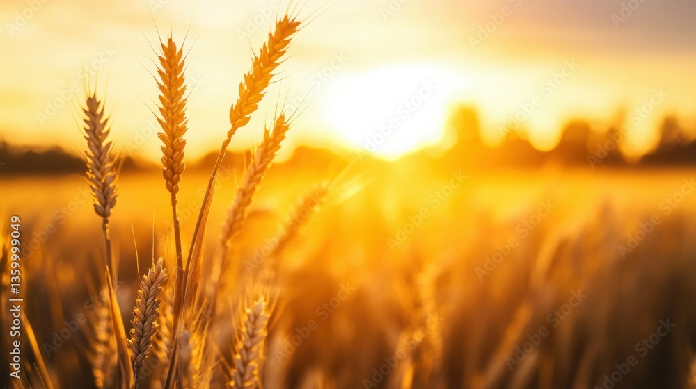 Golden wheat field at sunset in warm glow of the setting sun. Golden wheat field at sunset in warm glow of the setting sun.