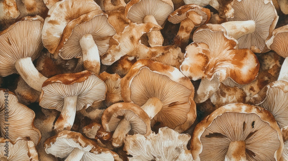 A Watercolor Masterpiece: A Close-Up View of Brown Mushrooms A Watercolor Masterpiece: A Close-Up View of Brown Mushrooms
