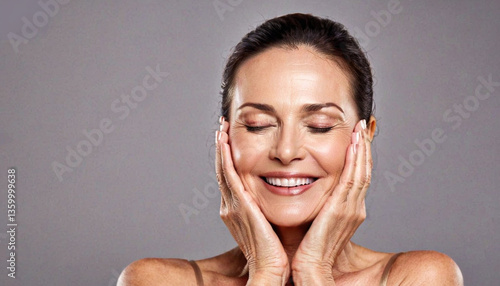 Mature woman satisfied and happy with her skin. Studio photo. Concept related to beauty and skin health.