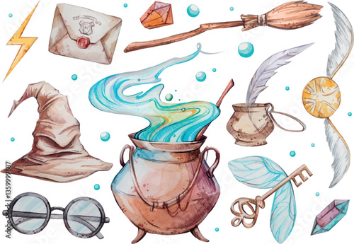 Watercolor hand painted set. Cauldron, potion, magic, school of magic, Magic school. Illustration isolated on white background.
