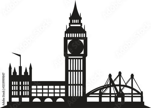 big ben and houses Black  London, England, the bridge on white background