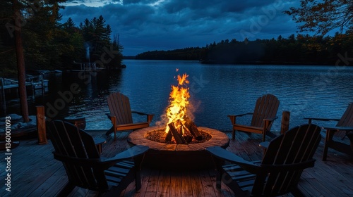 A crackling fire surrounded by wooden chairs on a deck