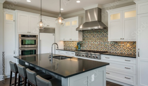 A well-lit kitchen with a large island and modern appliances.