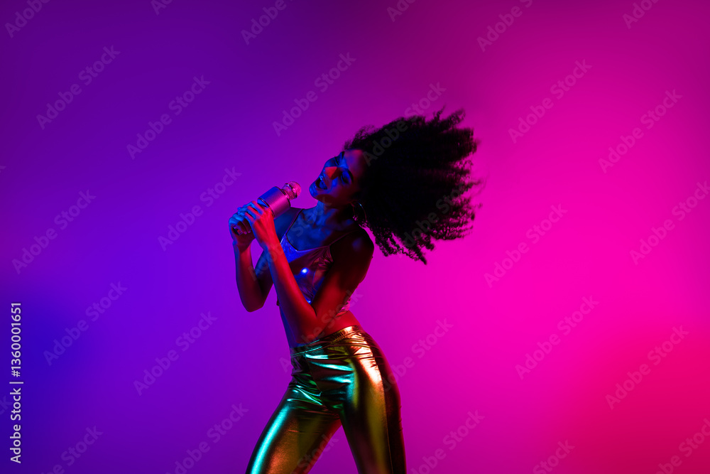 Young woman singing passionately under vibrant neon lights in a night club setting Young woman singing passionately under vibrant neon lights in a night club setting