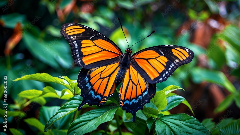 Fototapeta premium Vibrant butterfly displaying orange wings in lush garden