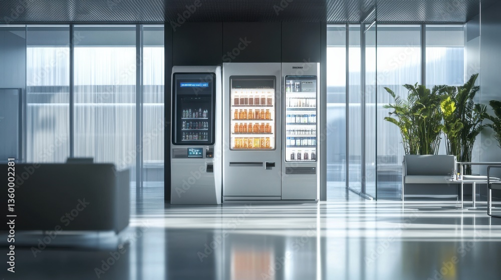 Modern vending machines in a bright office lobby with plants during daytime Modern vending machines in a bright office lobby with plants during daytime