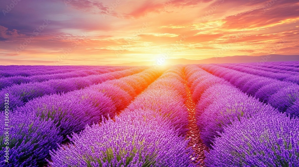 Fototapeta premium Vibrant sunset over rows of blooming purple lavender.