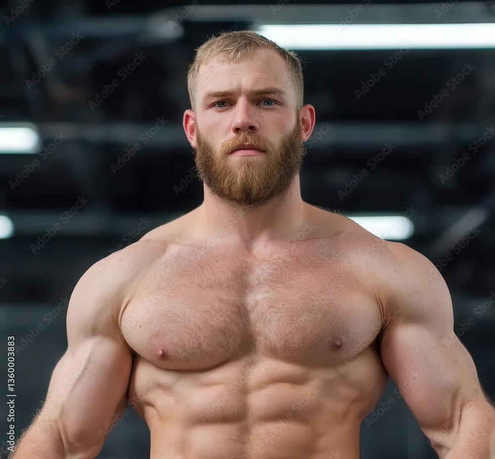 A muscular man with a beard poses confidently, showcasing his physique in a fitness environment. A muscular man with a beard poses confidently, showcasing his physique in a fitness environment.