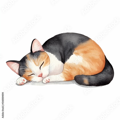 Cute cat watercolor concept. Sleeping calico cat curled up peacefully on a surface.