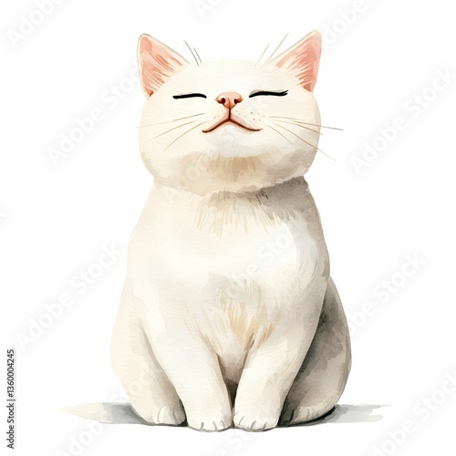 Cute cat watercolor concept. Content cat illustration with closed eyes and serene expression.