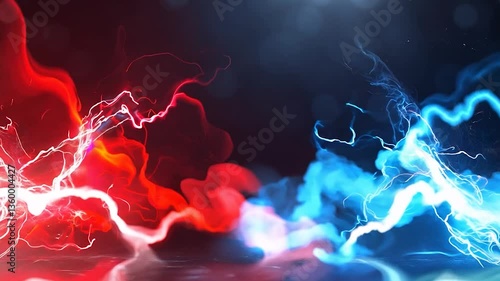 Dynamic abstract background featuring red and blue electric lightning bolts with glowing effects