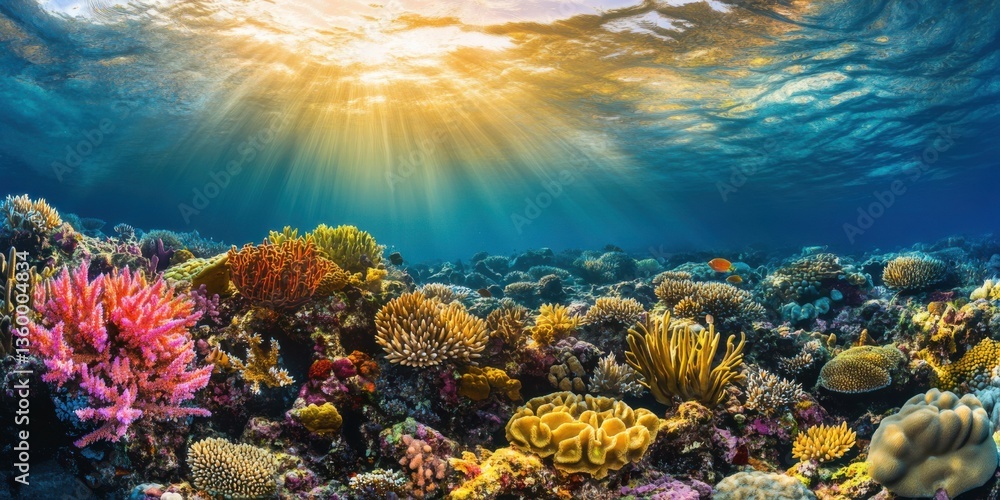 Fototapeta premium Underwater coral reef teeming with life during bright sunlight hours in a tropical ocean
