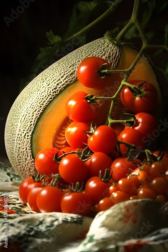 Juicy Melon and Ripe Tomatoes Still Life Photography