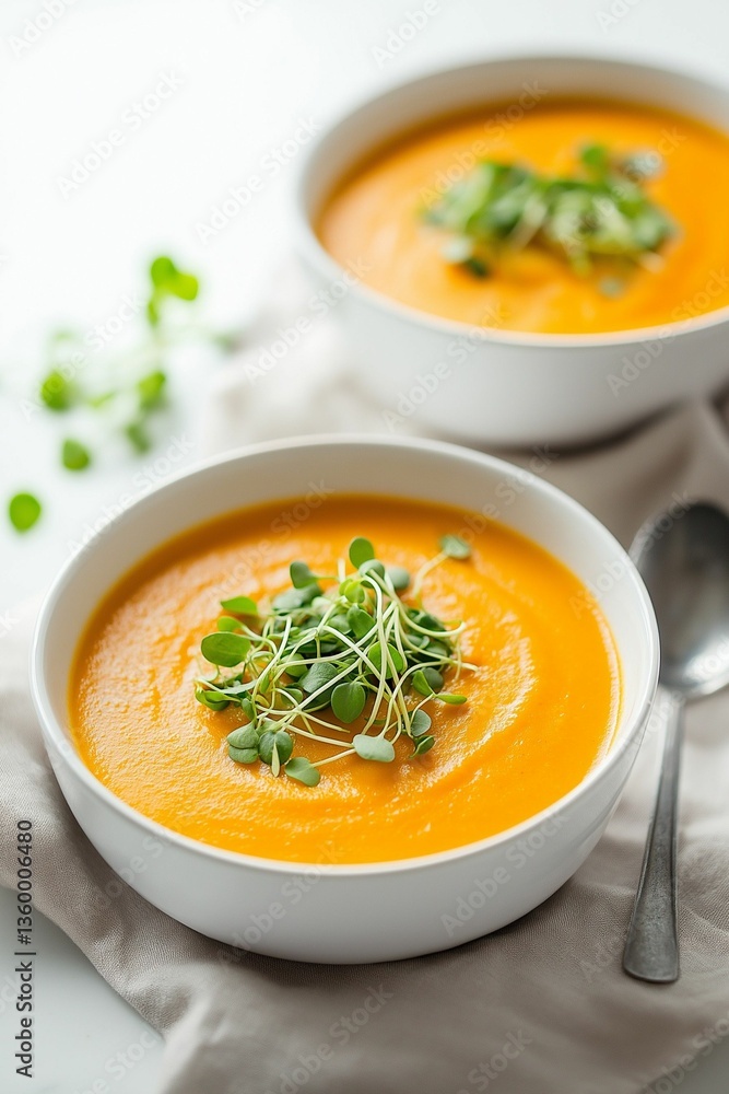 Creamy carrot soup with fresh microgreens. Creamy carrot soup with fresh microgreens.