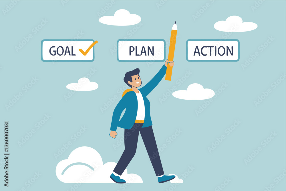 Goal, action and plan, process to implement business, strategy plan for career improvement, increase efficiency or productivity concept, businessman holding pencil with Goal, Action, Plan checklist. Goal, action and plan, process to implement business, strategy plan for career improvement, increase efficiency or productivity concept, businessman holding pencil with Goal, Action, Plan checklist.