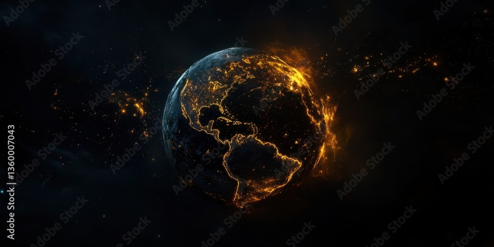 Earth illuminated by glowing lights representing urban areas in a dark universe at night Earth illuminated by glowing lights representing urban areas in a dark universe at night