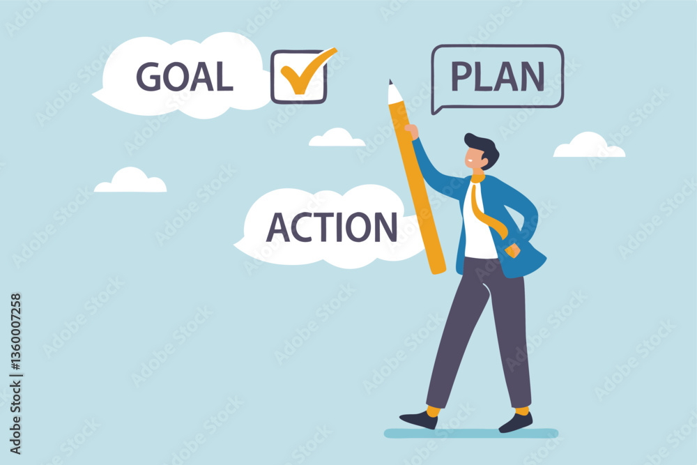 Goal, action and plan, process to implement business, strategy plan for career improvement, increase efficiency or productivity concept, businessman holding pencil with Goal, Action, Plan checklist. Goal, action and plan, process to implement business, strategy plan for career improvement, increase efficiency or productivity concept, businessman holding pencil with Goal, Action, Plan checklist.