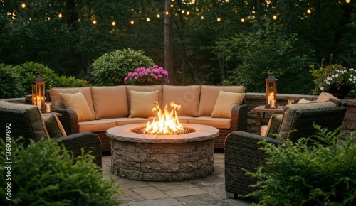 Cozy outdoor living space with a fire pit and comfortable seating.