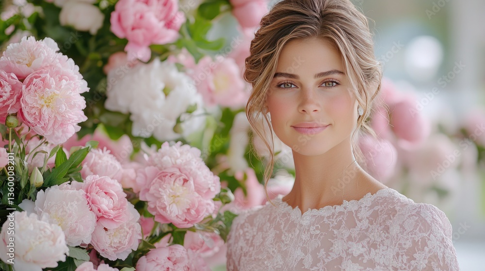 A stunning model showcases a pink dress surrounded by vibrant peonies in a chic fashion editorial, highlighting beauty and elegance A stunning model showcases a pink dress surrounded by vibrant peonies in a chic fashion editorial, highlighting beauty and elegance