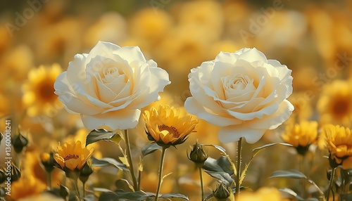 Pale Roses Amidst a Vibrant Yellow Flower Field