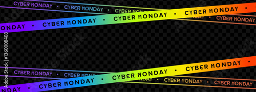 Cyber Monday rainbow tape banner. Colorful warning ribbon with sale message, tech style, futuristic retail feel. Perfect for promo, marketing, ads, discounts. Vector illustration