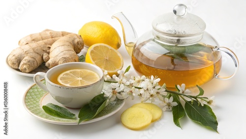 Cup of ginger and lemon tea with a teapot, fresh ginger root, lemon slices, and blossoms on a white background