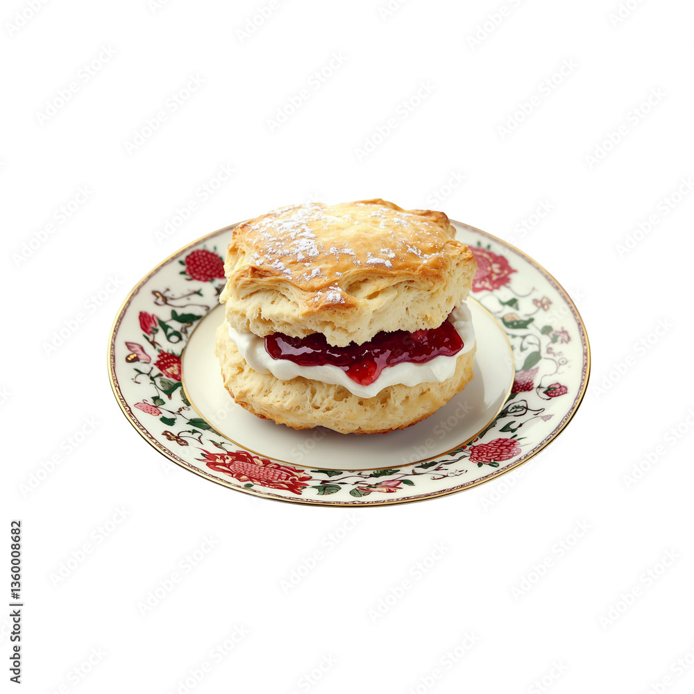 A flaky biscuit layered with cream and jam, served on a decorative plate. A flaky biscuit layered with cream and jam, served on a decorative plate.