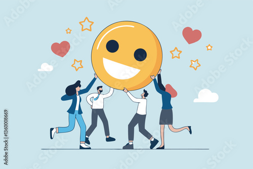 Employee satisfaction, workplace happiness or success team motivation, employee engagement or participation, feedback or company survey rating concept, business people employee with smile happy face.