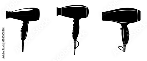set of black Silhouettes  of  hair dryer 