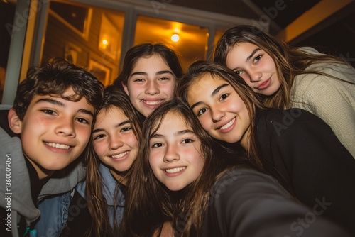 A group of teenage friends in casual clothing take a close-up selfie at night with warm indoor lighting behind them.