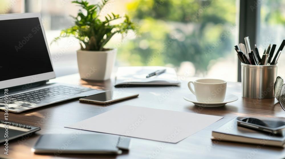 Workspace with laptop, coffee cup, and plants creating a calm and organized environment for productivity and creativity Workspace with laptop, coffee cup, and plants creating a calm and organized environment for productivity and creativity