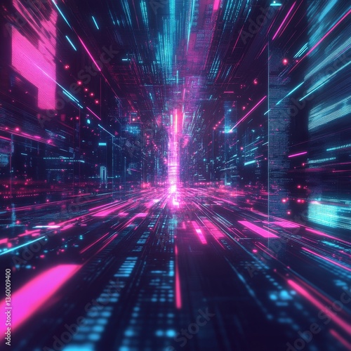 Cyberpunk Data Stream  Neon Lights in Digital Tunnel  futuristic data flow through a glowing grid  modern abstract network visualization