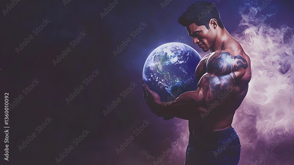 Naklejka premium Powerful figure holding Earth