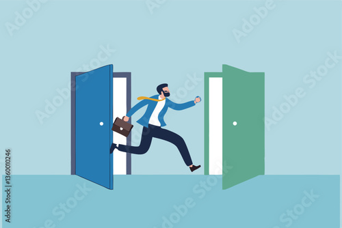 Change job, career transition or move to new opportunity, employee turnover, resignation or leave company, new job, employment, recruitment concept, businessman leave open door to new opportunity.
