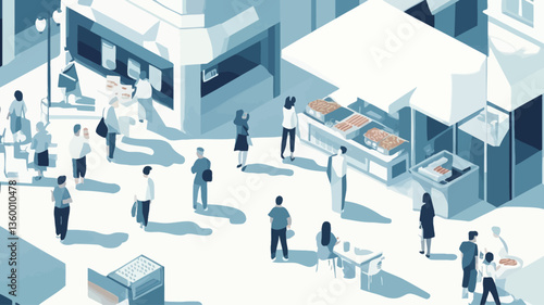 The image is an isometric illustration depicting a bustling trade show or market.  The illustration uses a consistent, cool-toned color palette primarily in shades of blue and white.  Figures