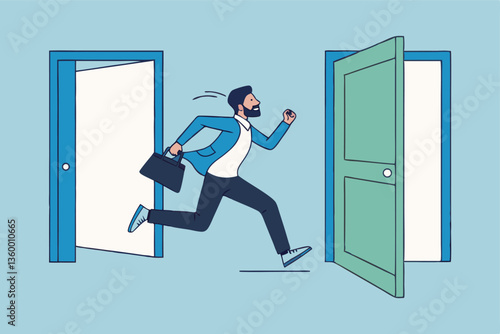 Change job, career transition or move to new opportunity, employee turnover, resignation or leave company, new job, employment, recruitment concept, businessman leave open door to new opportunity.