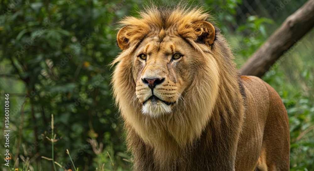 A Majestic Lion Stands Proudly Amidst Green Foliage Background A Majestic Lion Stands Proudly Amidst Green Foliage Background