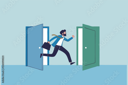 Change job, career transition or move to new opportunity, employee turnover, resignation or leave company, new job, employment, recruitment concept, businessman leave open door to new opportunity.