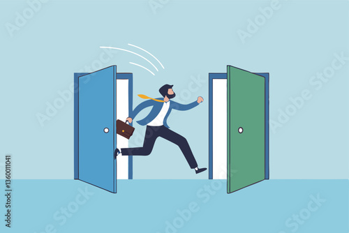 Change job, career transition or move to new opportunity, employee turnover, resignation or leave company, new job, employment, recruitment concept, businessman leave open door to new opportunity.