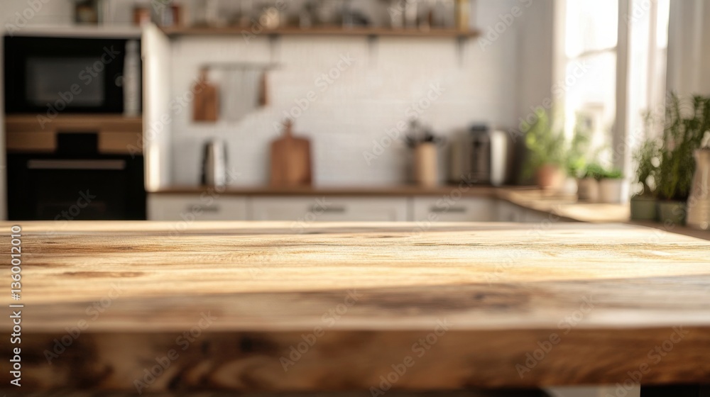 Fototapeta premium Rustic kitchen countertop bathed in natural light with modern decor and greenery