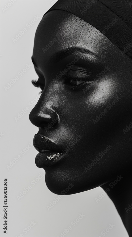 Striking Profile of a Black Woman with Glossy Skin and Head Wrap in Monochrome Striking Profile of a Black Woman with Glossy Skin and Head Wrap in Monochrome