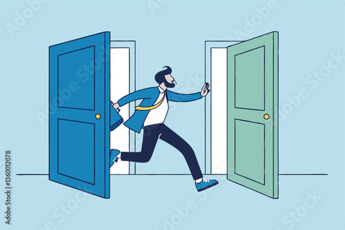 Change job, career transition or move to new opportunity, employee turnover, resignation or leave company, new job, employment, recruitment concept, businessman leave open door to new opportunity.