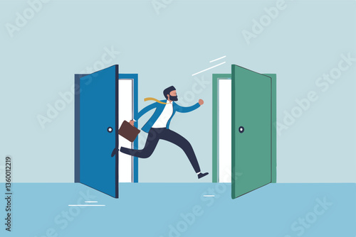 Change job, career transition or move to new opportunity, employee turnover, resignation or leave company, new job, employment, recruitment concept, businessman leave open door to new opportunity.